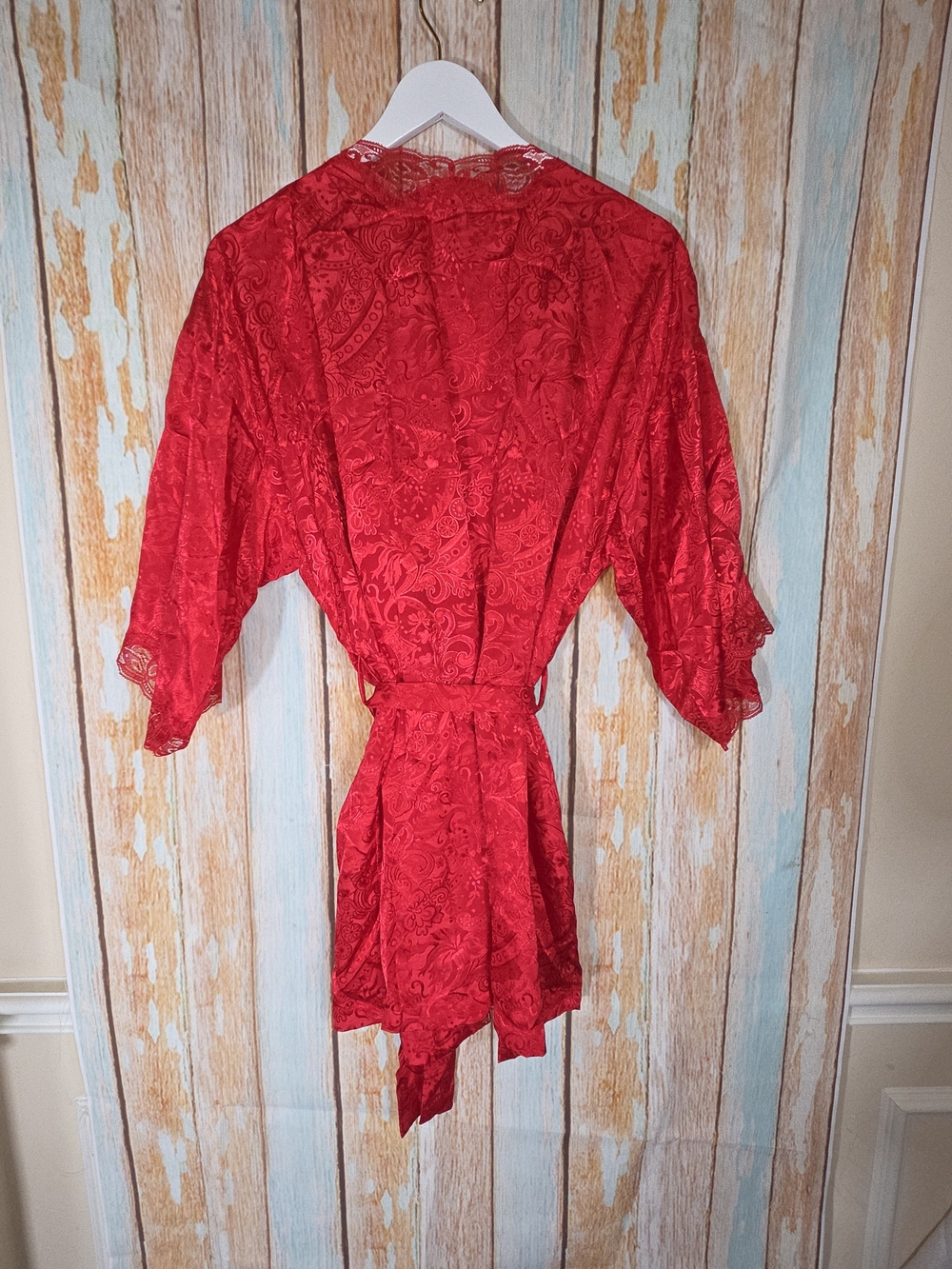 Vintage Victoria Secret Red Satin Lace Beaded Robe One Size Gold Label - Picture 4 of 5